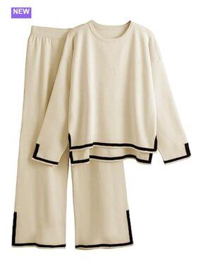Womens 2 Piece Sweater Lounge Set Wide Leg Pants Tracksuit Knit